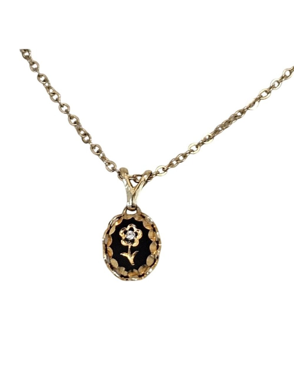 Vintage Black Miniature Rhinestone Flower Pendant 16" Gold Tone Chain Necklace